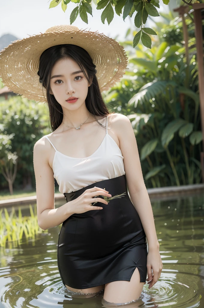 (((best quality))),(((ultra detailed))),(((masterpiece))),illustration,1 beautiful girl,slim,straw hat,shiny skin,black skin,sweat,wet,flat chest,short Embroidered red cheongsam,collar,bare arms,pantyhose,standing in the Paddy pool filled with Rice seedlings,full body,elegant, clear sky, sunlight, dreamy, contrast, natural,Chinese rural landscape,The body below the neck is in water