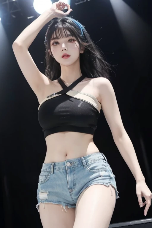 kwoneunbilora, black hair, black eyes, WATERBOMB, jean shorts, hot pants, beautiful body, Sky blue bikini with see-through top, dancing and singing on stage, wet, festival atmosphere