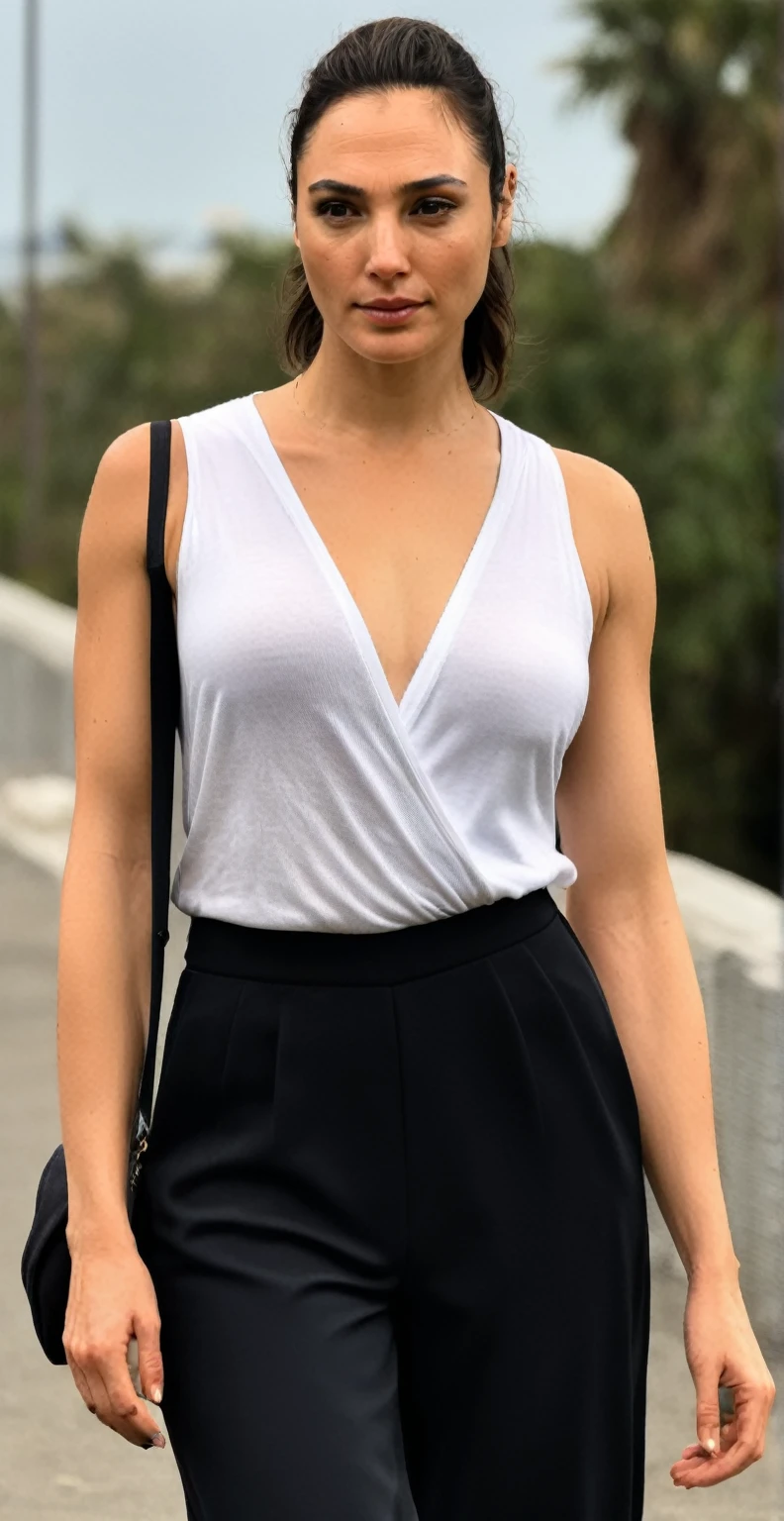 high quality random paparazzi shot (GalGadot , housewife , mother, slim fit figure, flat breast , random angle, broad shoulders ) walking alone,beach side jogging street, sweaty ,tired, oily skin, random erotic photograph , she is wearing a multicolored lose big tshirt , random move ,seductive, tired woman ( depth of field, insanely detailed skin texture, ultra detailed face, hyper detailed features )