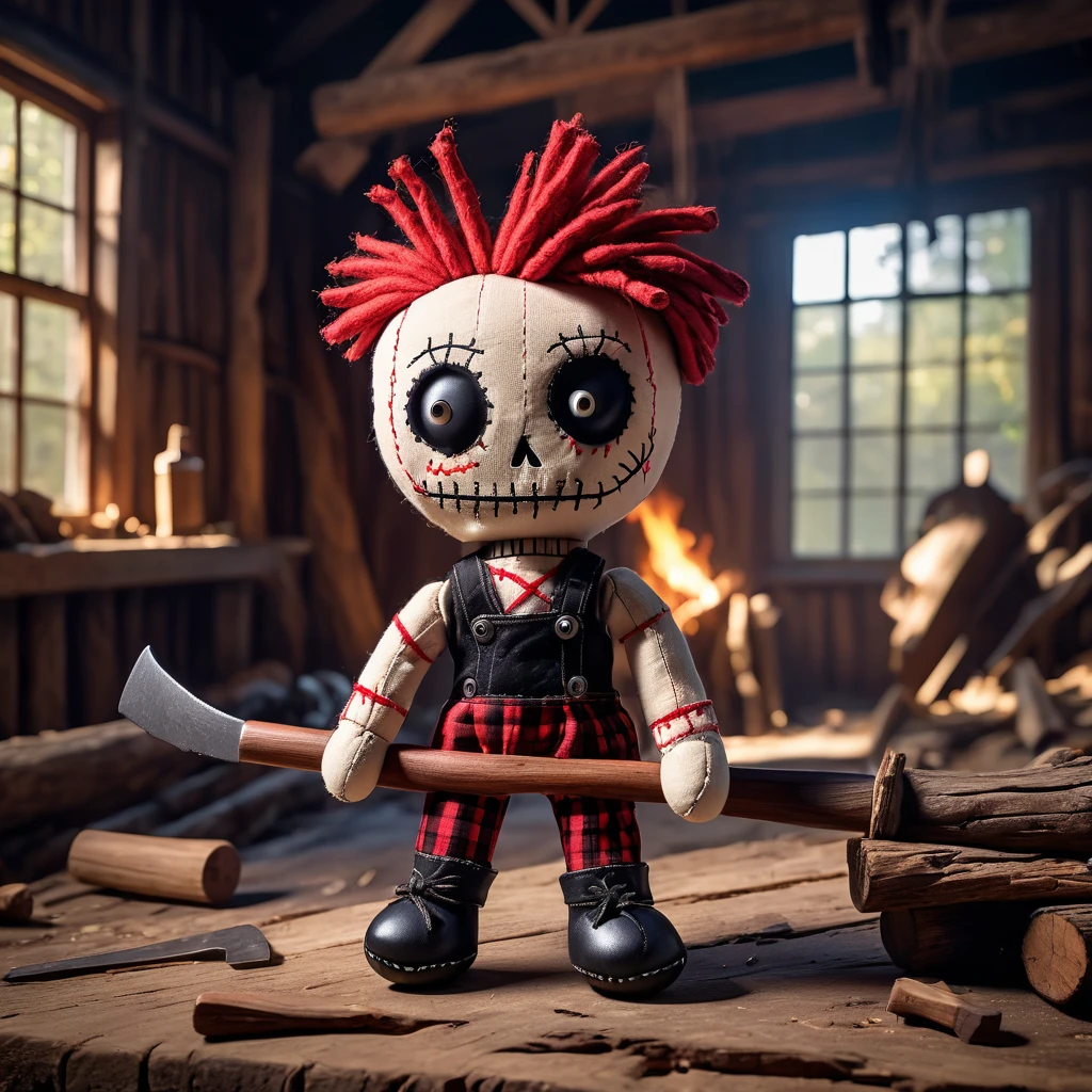 (knitted toy voodoo doll:1.7), (Voodoo Gothic Lumberjack:1.3), (clothes Torn shirt, leather apron, axe:1.0), (in the background Abandoned sawmill, old trees, shadows on the walls:1.3), best quality, masterpiece, detailed soft oil painting, detailed background, dramatic cinematic lighting, soft edge lighting, professional, dramatic lighting, hard edge lighting, ultra quality, 4k,masterpiece, best quality, 8k, ultra highres, highres, extremely detailed