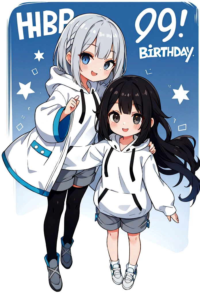 Girl,Silver Bob,blue eyes,birthday,whole body,White hoodie,Grey shorts,smile,older sister,Long black hair brown eyes,uniform,2 people