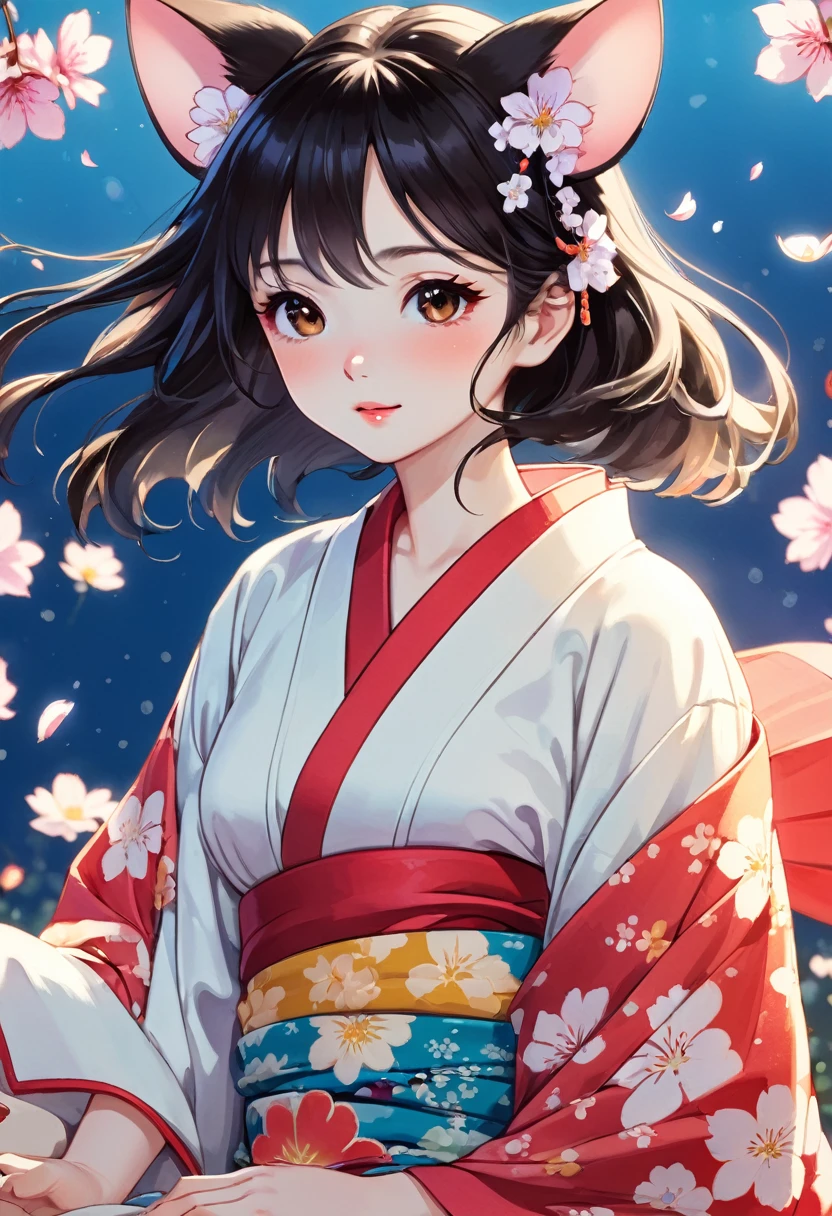 (Yumeji Takehisa style:1.5) , Hallucination, daydream , nightmare , Insane Dream , bokeh , erotica , romance , realistic mouse nymph and realistic cat , yukata , Petals fluttering down , Single eyelids, round nose, swollen cheeks , glossy lips , Collarbone , Disheveled Hair , Scorching Heat summer , (Roll up the hem with hands:1.5) , innocent smile , (dynamic dance:1.3)