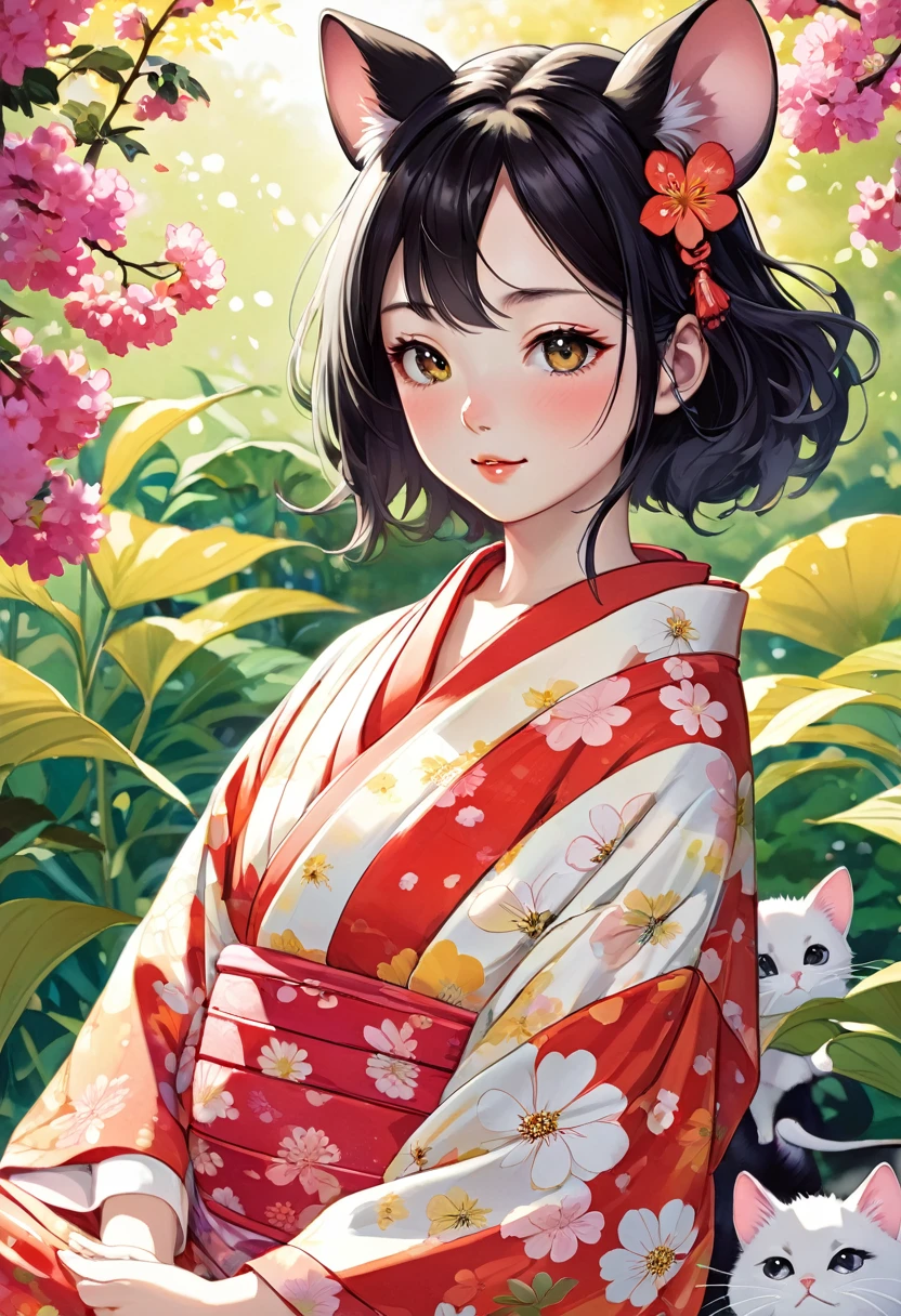 (Yumeji Takehisa style:1.5) , Hallucination, daydream , nightmare , Insane Dream , bokeh , erotica , romance , realistic mouse nymph and realistic cat , yukata , Petals fluttering down , Single eyelids, round nose, swollen cheeks , glossy lips , Collarbone , Disheveled Hair , Scorching Heat summer , (Roll up the hem with hands:1.5) , innocent smile , (dynamic dance:1.3)