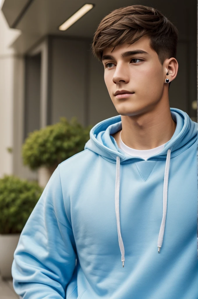(((Good quality))), realistic boy, with calm look, short hair, with headphones on the neck, with a light blue sweatshirt, white tea, , muscular