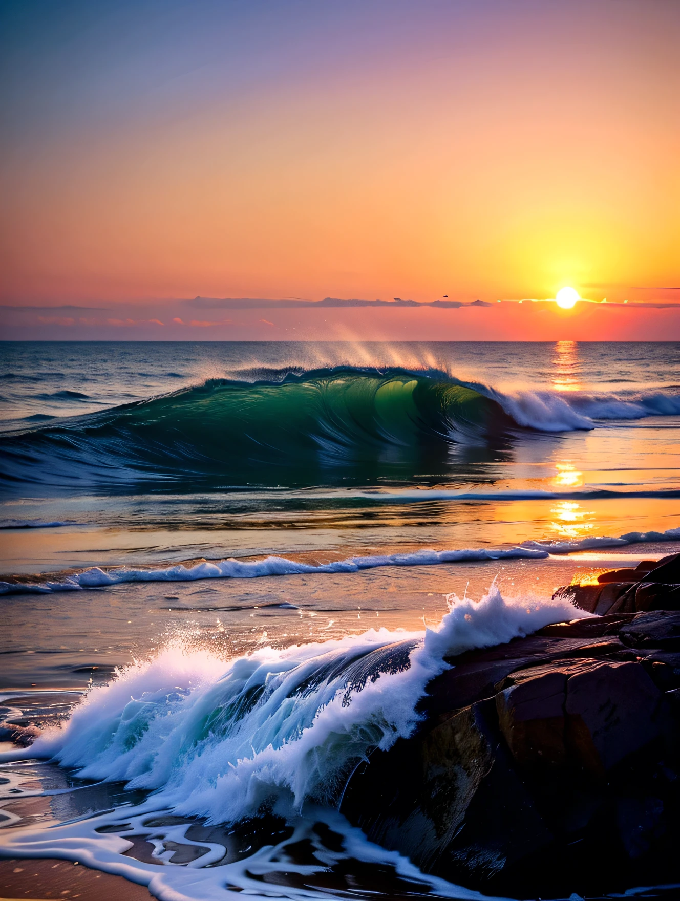 Bridge across the sea, big, Wave, Sea Beach, Daylight Saving Time, sunset, Hyper HD, masterpiece, Anatomically correct, Attention to detail, High resolution, Highest quality, Super detailed, 8K