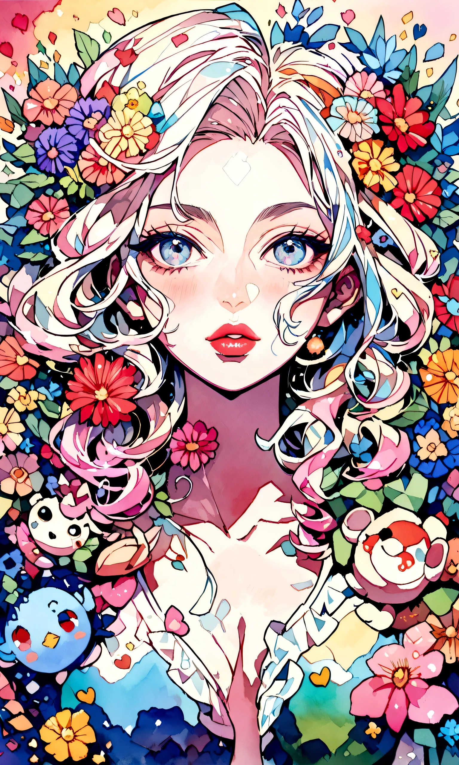 Mai Yoneyama Style、(((stylish fashion))), 8K Quality、Intense watercolor, Detailed watercolor art, Watercolor splash, Surreal, avant-garde pop art, Beautiful and expressive paintings, Beautiful artwork illustration, Very colorful tones, wonderful, Cool beauty, highest quality、Official Art, Vector art, Stylish design, (((The most beautiful girl))), (((highest quality))), HDR, ((detailed)), (((Doodle Art)), ((masterpiece)), ((Super detailed)), (((Colorful flowers))),(((Stylish))), Lips in love