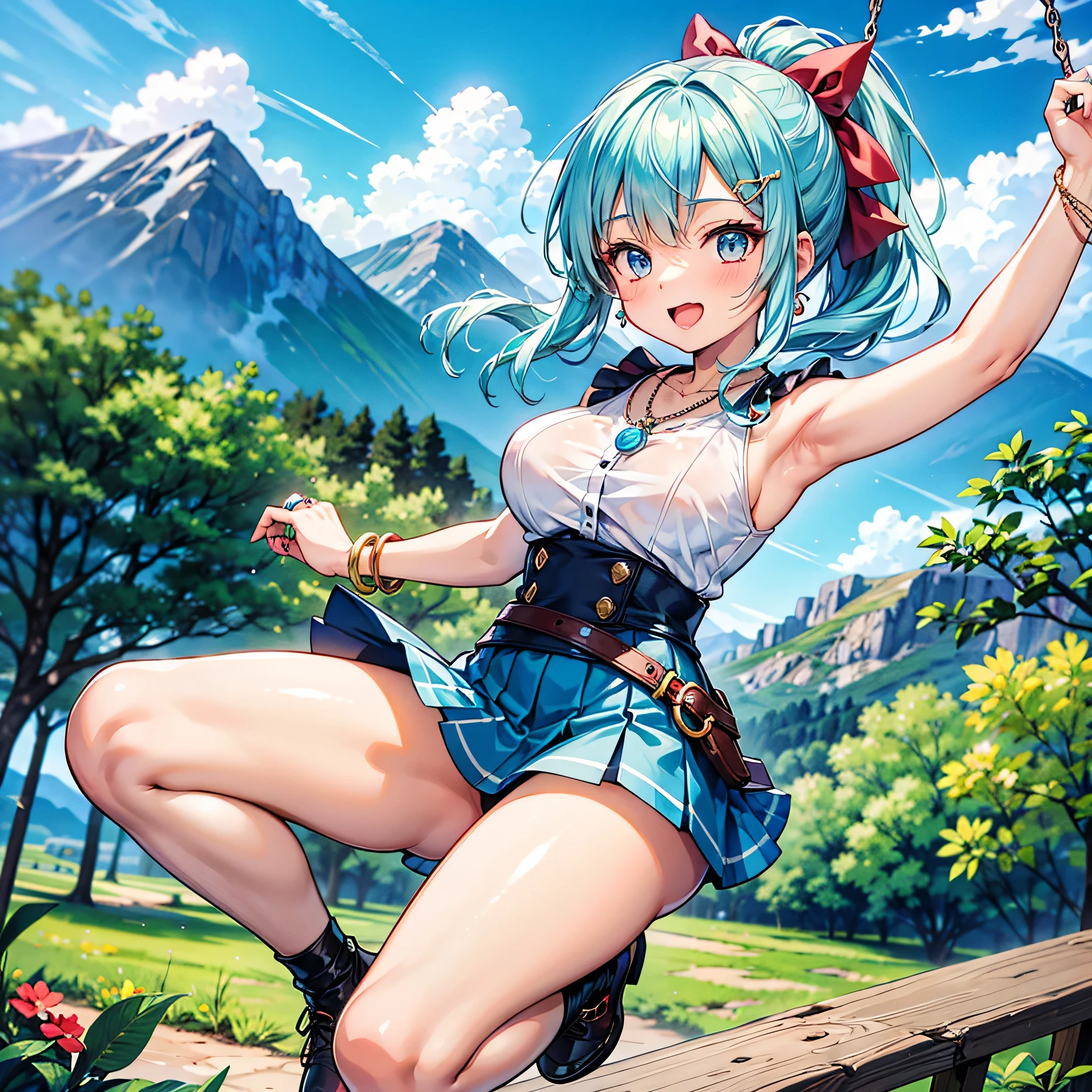 Anime Moe Art Style,Highest quality,High resolution,Anatomically correct,One Girl,Mid-teens,A girl with light blue hair in a ponytail,Super detailed,Fantasy World,Sleeveless blouse,mini skirt,Big Breasts,Shiny skin,Beautiful Skin,A rich expression,Laughing with your mouth open,Mountain trail,Daytime,Swing your arms wide and jump,Eyes drawn in detail,hair ornaments,necklace,bracelet,ring,8K