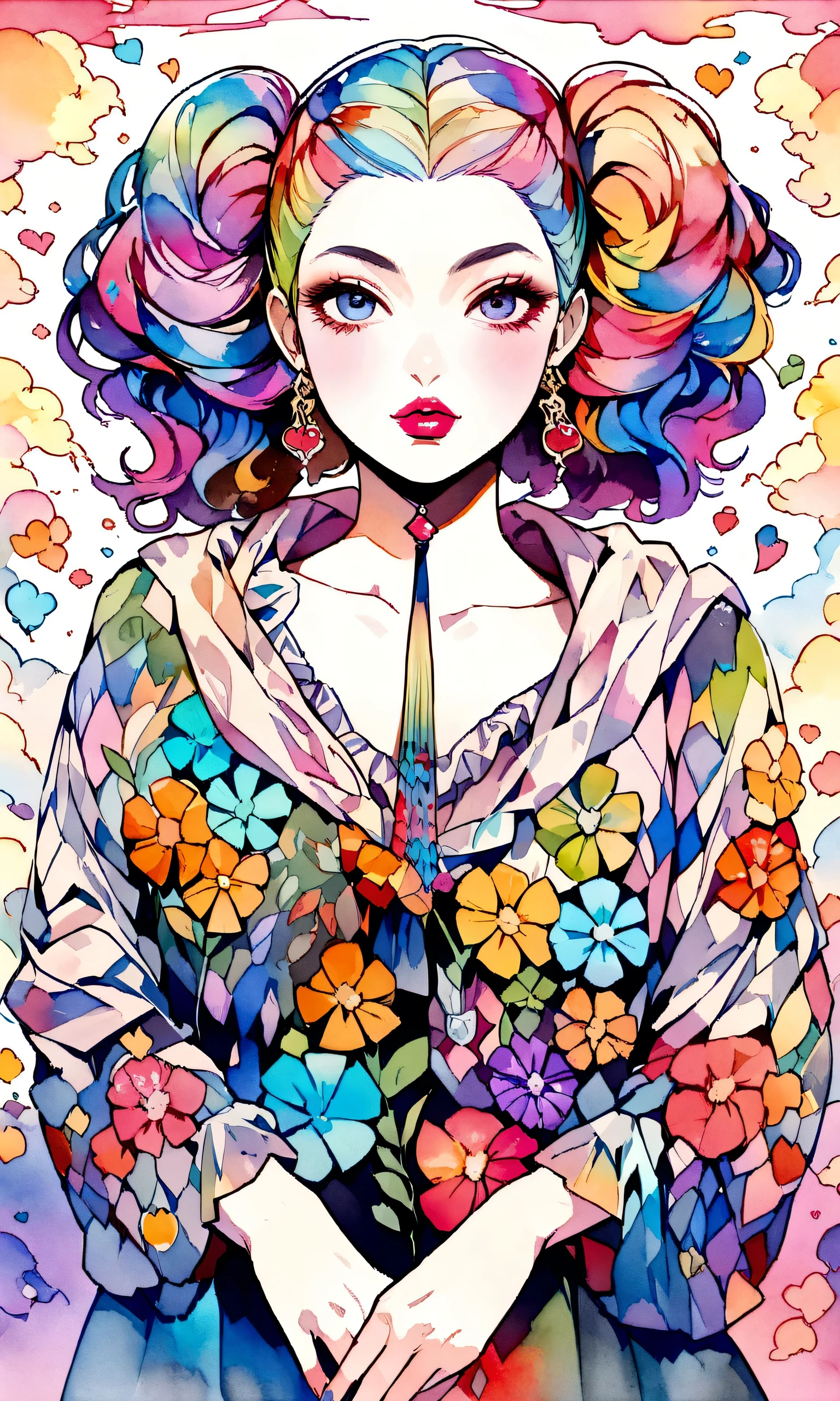 Mai Yoneyama Style、(((stylish fashion))), 8K Quality、Intense watercolor, Detailed watercolor art, Watercolor splash, Surreal, avant-garde pop art, Beautiful and expressive paintings, Beautiful artwork illustration, Very colorful tones, wonderful, Cool beauty, highest quality、Official Art, Vector art, Stylish design, (((The most beautiful girl))), (((highest quality))), HDR, ((detailed)), (((Doodle Art)), ((masterpiece)), ((Super detailed)), (((Colorful flowers))),(((Stylish))), Lips in love