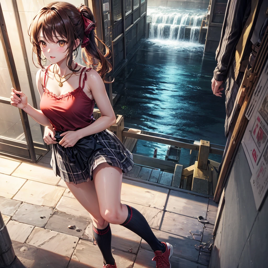 Red, brown, gold, gold hair、Golden Eyes、Hair tied up、One good looking girl、solo、anime、Checkered mini skirt、Ruffles on the skirt、camisole、camisole、Lightweight cardigan、Black knee-high socks、Wearing a baseball cap、Ribbon、Ribbon on waist、Teeth are visible、Sunset sky、Cumulonimbus、Silver coin necklace、shine、From above、Sparks are flying、tunnel、Cobblestones、Hands in pockets、waterfall、Torrent