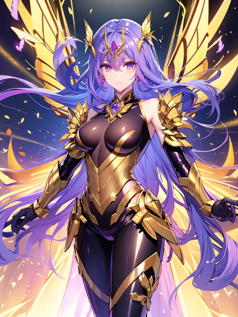Tang Wutong, small breast,mature, wearing latex black purple armour suit and leggings attached with golden corners and jewelry, colorful butterfly wings, full body shot