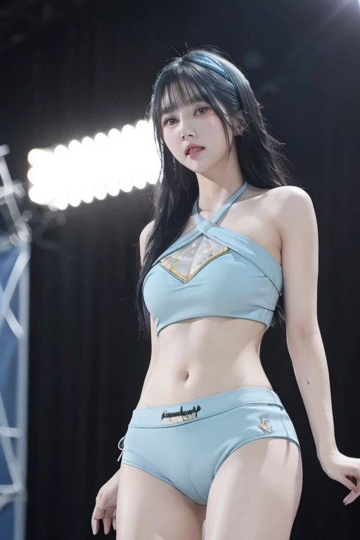 kwoneunbilora, black hair, black eyes, WATERBOMB, jean shorts, ((hot pants)), beautiful body, see-through top ((light blue bikini)), dancing and singing on stage, wet, festival atmosphere