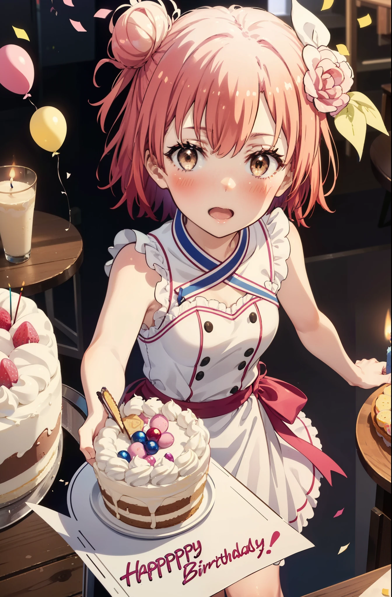 yuiyuigahama, yui yuigahama, One Girl,short hair, (Brown eyes:1.5), (Pink Hair:1.2), Hair Bun, single Hair Bun, smile,blush,Open your mouth wide,Pink sleeveless dress,Long skirt,Stiletto heels,A birthday cake with lit candles,
,There is a round birthday cake on the desk.,Confetti,cracker,whole bodyがイラストに入るように,
break indoors, Party Venue,
break looking at viewer, whole body,
break (masterpiece:1.2), Highest quality, High resolution, unity 8k wallpaper, (figure:0.8), (Beautiful attention to detail:1.6), Highly detailed face, Perfect lighting, Highly detailed CG, (Perfect hands, Perfect Anatomy),