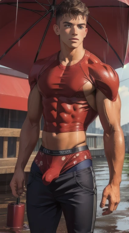 1boy,red background,absurdres,masterpiece,highres,intricately detailed,a gay man,sexy,muscular,strutting outdoors,gorgeous eyes,detailed face,pouring rain,outdoors,global illumination,subsurface scattering,