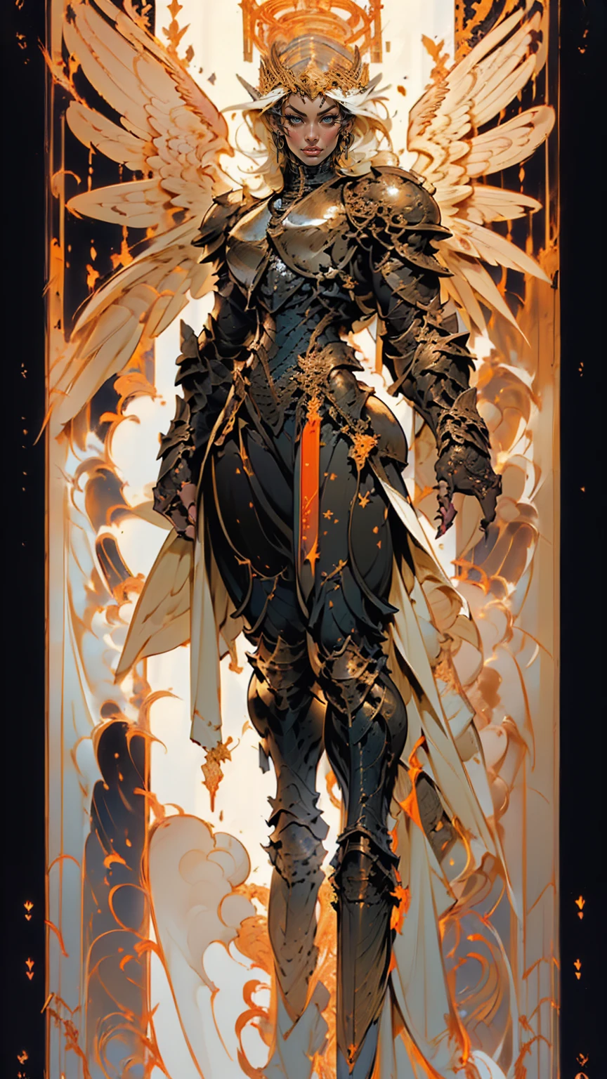 (cara delevingne), ((((((1 muscular angel girl)))))), (((huge upper body))), long hair, ((((huge angelic wings))), (((intricate ornate angelic full body armor))), ((((full body front view)))), (((perfect hands, perfect fingers))), (((tarot style background)))
