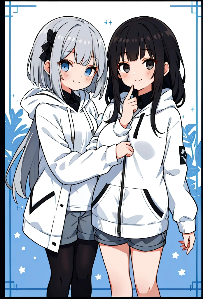 Girl,Silver Bob,blue eyes,birthday,whole body,White hoodie,Grey shorts,smile,older sister,Long black hair brown eyes,uniform,2 people