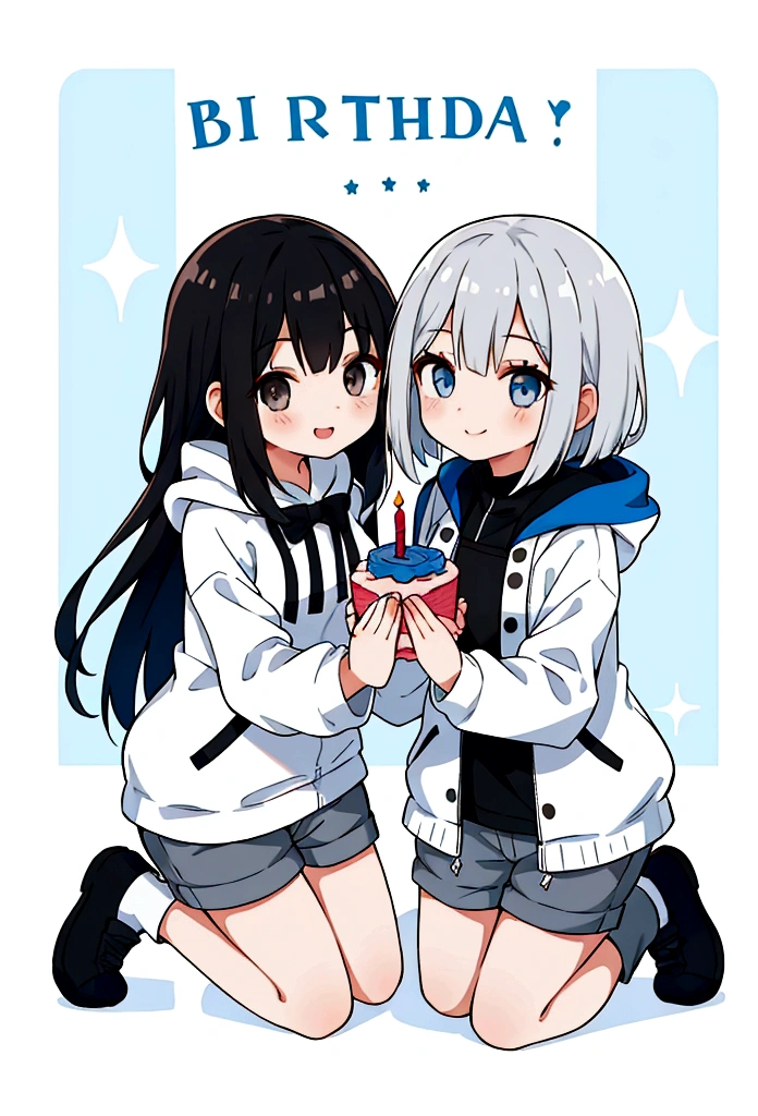 Girl,Silver Bob,blue eyes,birthday,whole body,White hoodie,Grey shorts,smile,older sister,Long black hair brown eyes,uniform,2 people