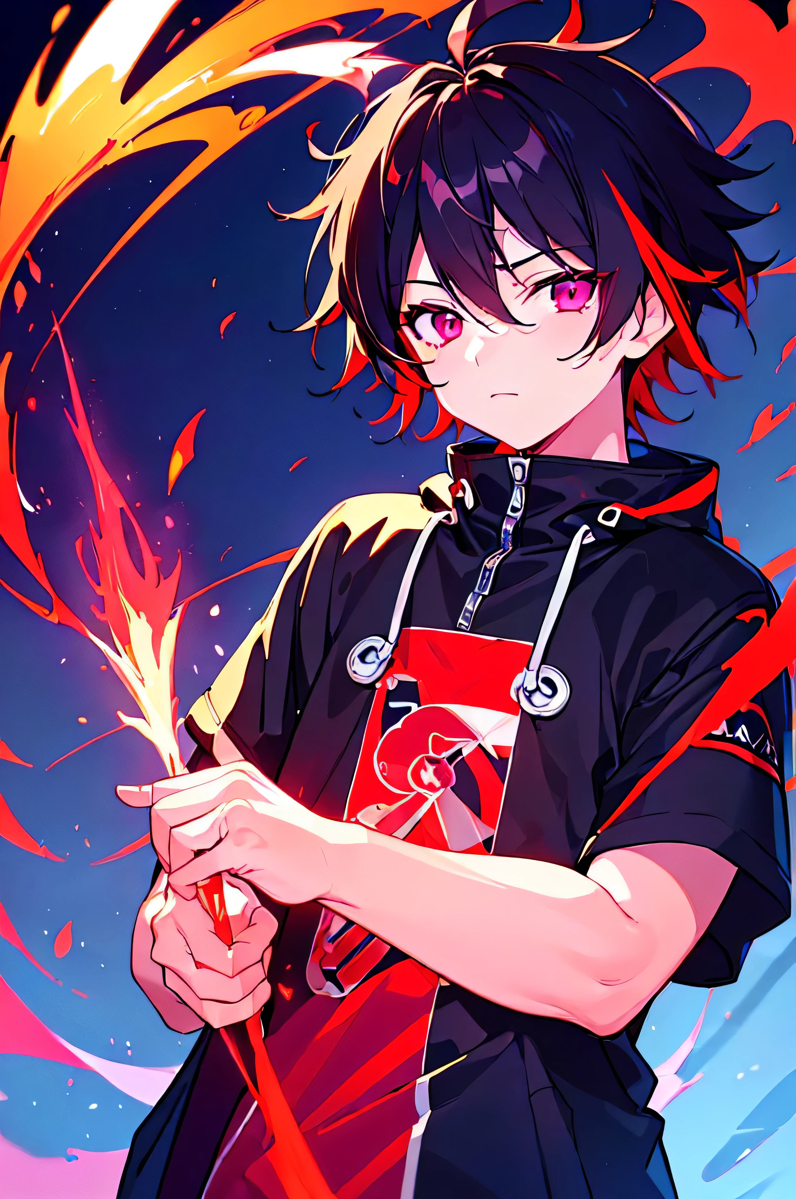 [(SKY BACKGROUND:1.5),::5], ((((masterpiece)))), high quality, ultra very high resolution, full color, (((solo))), (()), black hair, ((red streaked hair)), magenta eyes, anime, ((upper body)), neon light, black parka, (flame effect:1.2), blood effect
