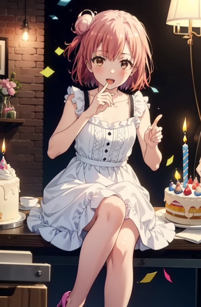 yuiyuigahama, yui yuigahama, One Girl,short hair, (Brown eyes:1.5), (Pink Hair:1.2), Hair Bun, single Hair Bun, smile,blush,Open your mouth wide,Pink sleeveless dress,Long skirt,Stiletto heels,A birthday cake with lit candles,
,There is a round birthday cake on the desk.,Confetti,cracker,whole bodyがイラストに入るように,
break indoors, Party Venue,
break looking at viewer, whole body,
break (masterpiece:1.2), Highest quality, High resolution, unity 8k wallpaper, (figure:0.8), (Beautiful attention to detail:1.6), Highly detailed face, Perfect lighting, Highly detailed CG, (Perfect hands, Perfect Anatomy),