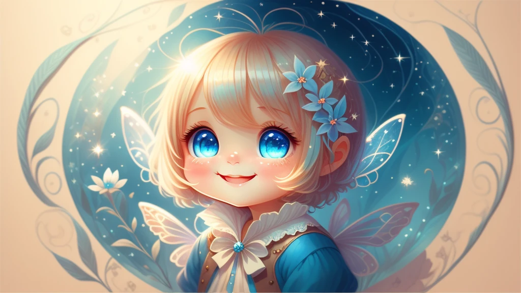 Cute s, light colors hair, blue eyes, gossamer,illustration, A masterpiece in bright light, stunning art! The art of magic, fairy tale artwork, inspiring art, exquisite artwork high quality、masterpiece、Sparkling fairies、smile、手を振る