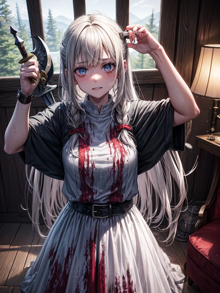 A stunned girl, with a sword raised, soaked in demonic blood. inside a cabin