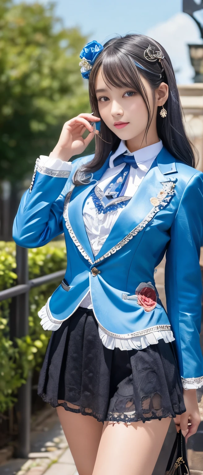 Tall and cute idol girl、whole body、Good style、、、、、、、、、、Tanned thick legs、、Silver and blue steampunk suit(Blue Rose Embroidery)、、Neat and clean idol face、Silver wave hair、rose garden