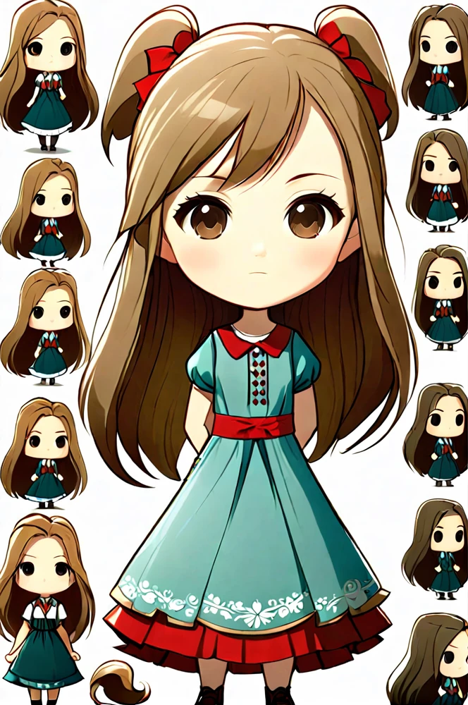 Character sheet, white background, chibi, female, long hair, wearing dress, cartoon style, high quality, high resolution