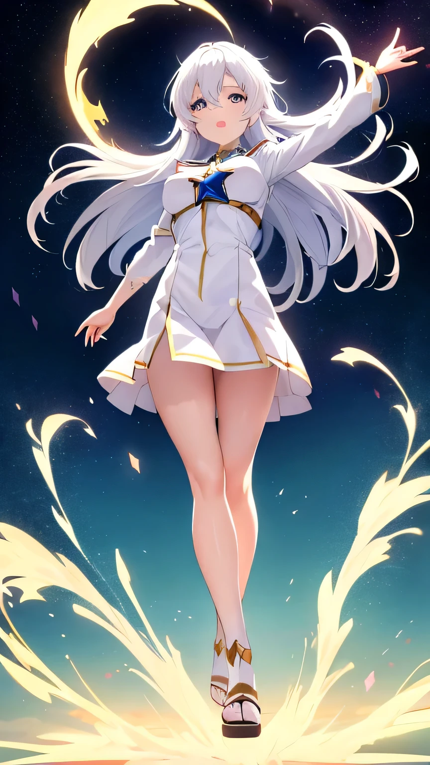 anime girl with long white hair and a star in her hair, white haired deity, anime girl with cosmic hair, star(sky) starry_sky, anime visual of a cute girl, splash art anime loli, white glowing aura, girl with white hair, ethereal anime, akasuki voidstar, celestial aura, nightcore, anime moe artstyle