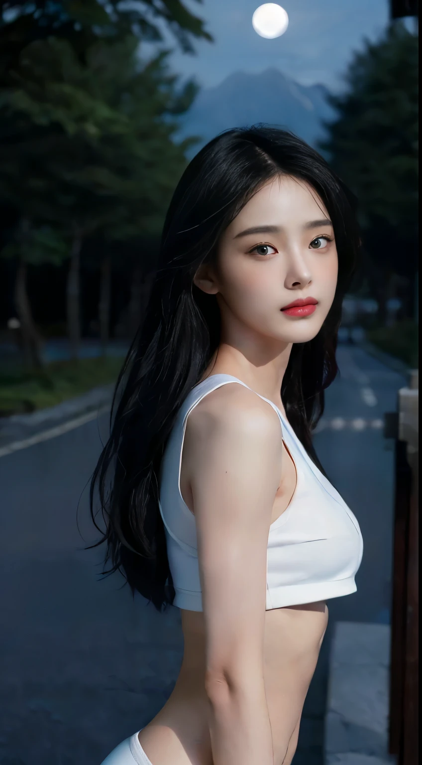 8K, top quality, intricate details, ultra detail, ultra high resolution, masterpiece, random angle, slim, laugh, (assembly: 0.4), (푹신한 blue eyes: 1.21), blue eyes, looking at viewer, ((whole body)), 1 woman, alone, 1 girl, (( whole body)), close up shot, , ((키가 big)), (((fit your body))), (((slim face))), sharp face, piercer, (((black hair, long hair, )) , (detailed face), sharp face, small lips,
(( )), ((crop top)), detailed face, Detailed breasts, , big 가슴, detail butt, , slim 복근이 강조된 아름다운 소녀: 1.4, six pack abs: 1.4, Botox for chest, big, perfect body, Detail legs, (( moon)), mountain top