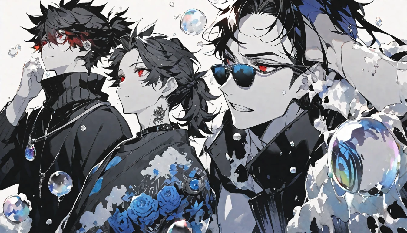 ソロ,handsome, monochrome,watercolor,1 male, Ponytail, Braided black hair, red eyes, Gojo Satoru,casual,Blue Rose Tattoo,black Oversized 服,casual,Stylish,cool,Wear sunglasses around your neck,Void,look up,
blackbackground,İcon,Despise face up,Soap bubble,gem,