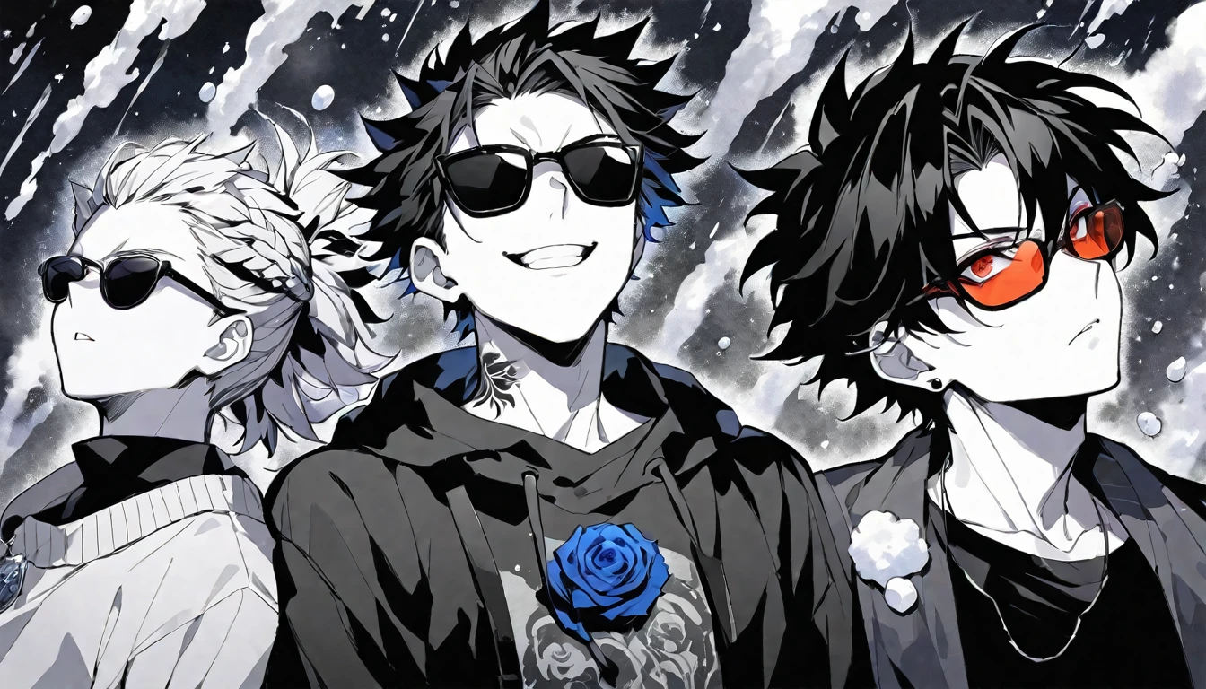 ソロ,handsome, monochrome,watercolor,1 male, Ponytail, Braided black hair, red eyes, Gojo Satoru,casual,Blue Rose Tattoo,black Oversized 服,casual,Stylish,cool,Wear sunglasses around your neck,Void,look up,
blackbackground,İcon,Despise face up,Soap bubble,gem,