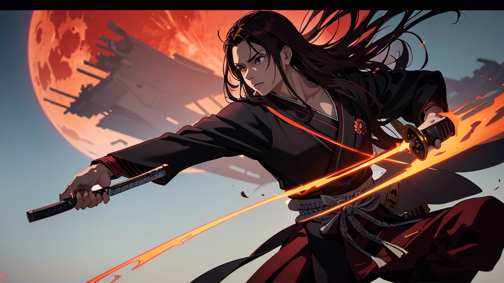 a samurai with long hair in the demon slayer style, holding two katanas, against a backdrop of a red moon and a tree, masterpiece, (best quality,4k,8k,highres,masterpiece:1.2),ultra-detailed,(realistic,photorealistic,photo-realistic:1.37),HDR,UHD,studio lighting,ultra-fine painting,sharp focus,physically-based rendering,extreme detail description,professional,vivid colors,bokeh