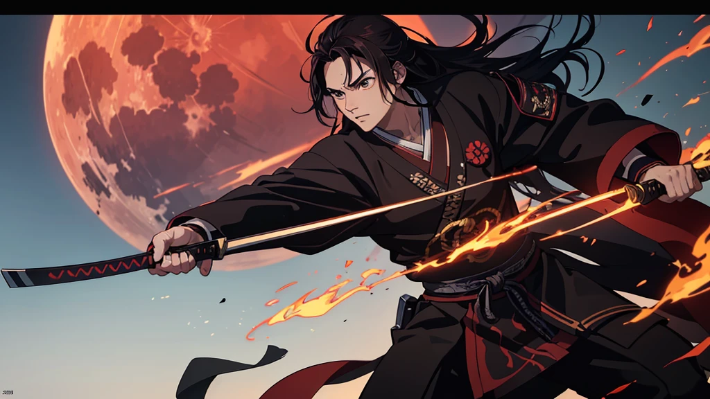 a samurai with long hair in the demon slayer style, holding two katanas, against a backdrop of a red moon and a tree, masterpiece, (best quality,4k,8k,highres,masterpiece:1.2),ultra-detailed,(realistic,photorealistic,photo-realistic:1.37),HDR,UHD,studio lighting,ultra-fine painting,sharp focus,physically-based rendering,extreme detail description,professional,vivid colors,bokeh