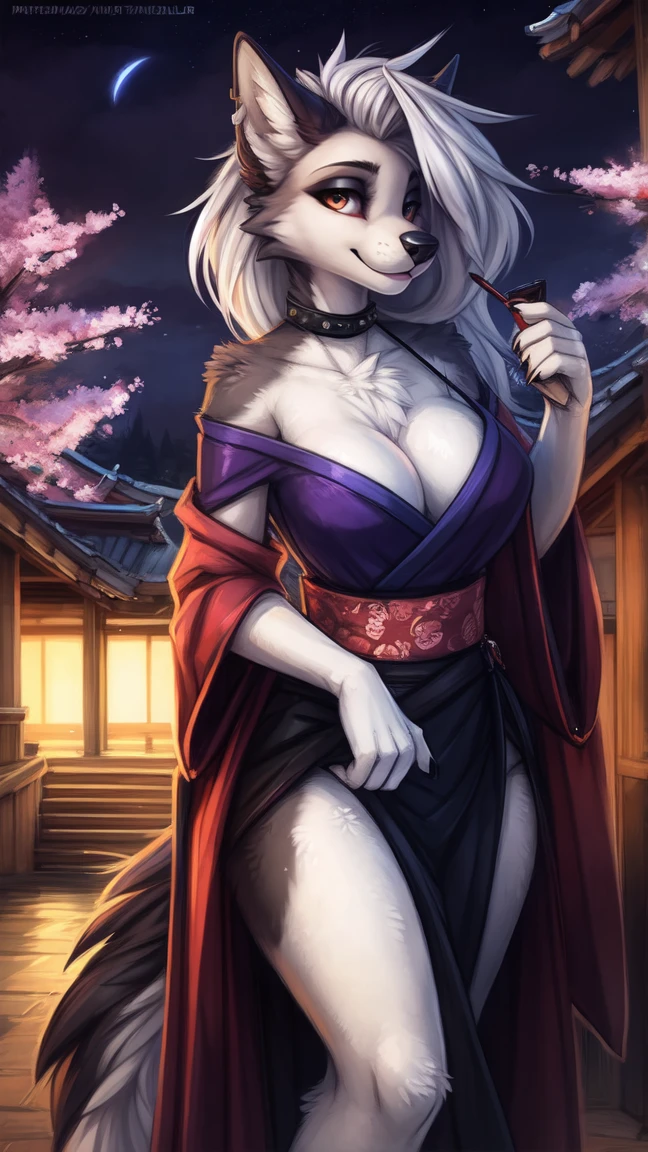 by kenket, Ross Tran, ruan jia, zaush, foxovh, by Zackary911, by hyattlen, by teranen, by fumiko, by Pixelsketcher, by fluff-kevlar, bye r-mk, by Dimwitdog, Furry, Anthro, (oiran), ((prostitute)), (luxurious off-shoulder kimono), (loona), helluva boss, hellhound, kemono, (huge breasts), long (elegant) white hair, hourglass body, revealing outfit, seductive, looking at viewer, traditional japanese, magic fantasy, (mature), milf, tall, curvy, outdoors, cherry blossoms, nighttime, cleavage, tugging on own clothes, (red sclera), light blue iris, geisha hair ornament, detailed plum blossoms on kimono,