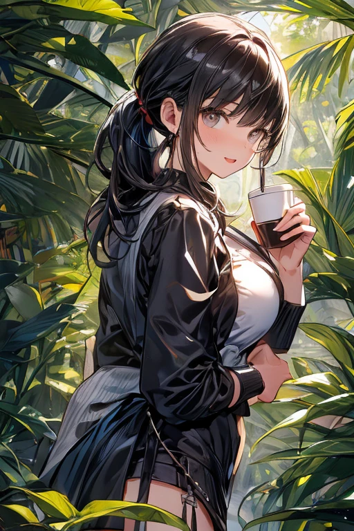 highest quality、(real、photorealistic:1.4)、(RAW photo:1.2,(Curve,Model,glamor:1.5),Beautiful breasts,(from below:1.2),(from side:0.9), ((Face)), (Close-Up:0.4), ((looking at viewer, holding a cup of coffee)), highest quality、(real、photorealistic:1.4)、(RAW photo:1.2),highest quality，(masterpiece)，(((Whole body image)))，(a 18yo girl)， (Highly detailed face),Slightly round face, (Tan brown face:1.0), Boyish beauties, beautiful face, Beautiful lips，Baby Face,（Big eyes),((black,hair,long pony tail hair)),thin pubic hair,cute,lovely,(strong silver hair:1.2),(blunt bangs),(Brown skin:1.0),(Military uniform, bulletproof jacket),nice companion,delicate body、thin legs,beautiful black dress,black gloves, black thighhighs, white panties,(double breasted,under bust:1.2)in the kitchen Woman in survival mode，Sexy thighs，Heat，Sweat heavily，Tropical forests，During a break，sit cross-legged on the ground,The way the light shines is beautiful, Beautiful buttocks,(with sparkling eyes and a contagious smile),little open mouth,black suspenders,Bulging big,breasts,walls: Black miniskirt,garters,Gaze,Small face,bangss,holster,Beautuful Women,hands up,leg holster,Gaze,black boots panty shot, provocation,flank,flank sweat soio,arm,,narrow waist,(with sparkling eyes and a contagious smile),her thin pubic hair, looking at viewer, pose muy sexy"