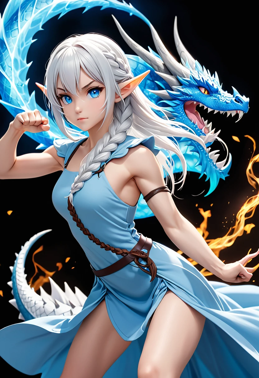 cute young girl, white hair, long hair, small braids hair, light blue eyes, elf ears, dragon tail, dragon thorn, muscular body, small breast, light blue dress, blue magic, fight pose