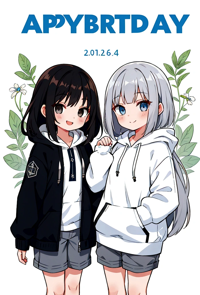 Girl,Silver Bob,blue eyes,birthday,whole body,White hoodie,Grey shorts,smile,older sister,Long black hair brown eyes,uniform,2 people