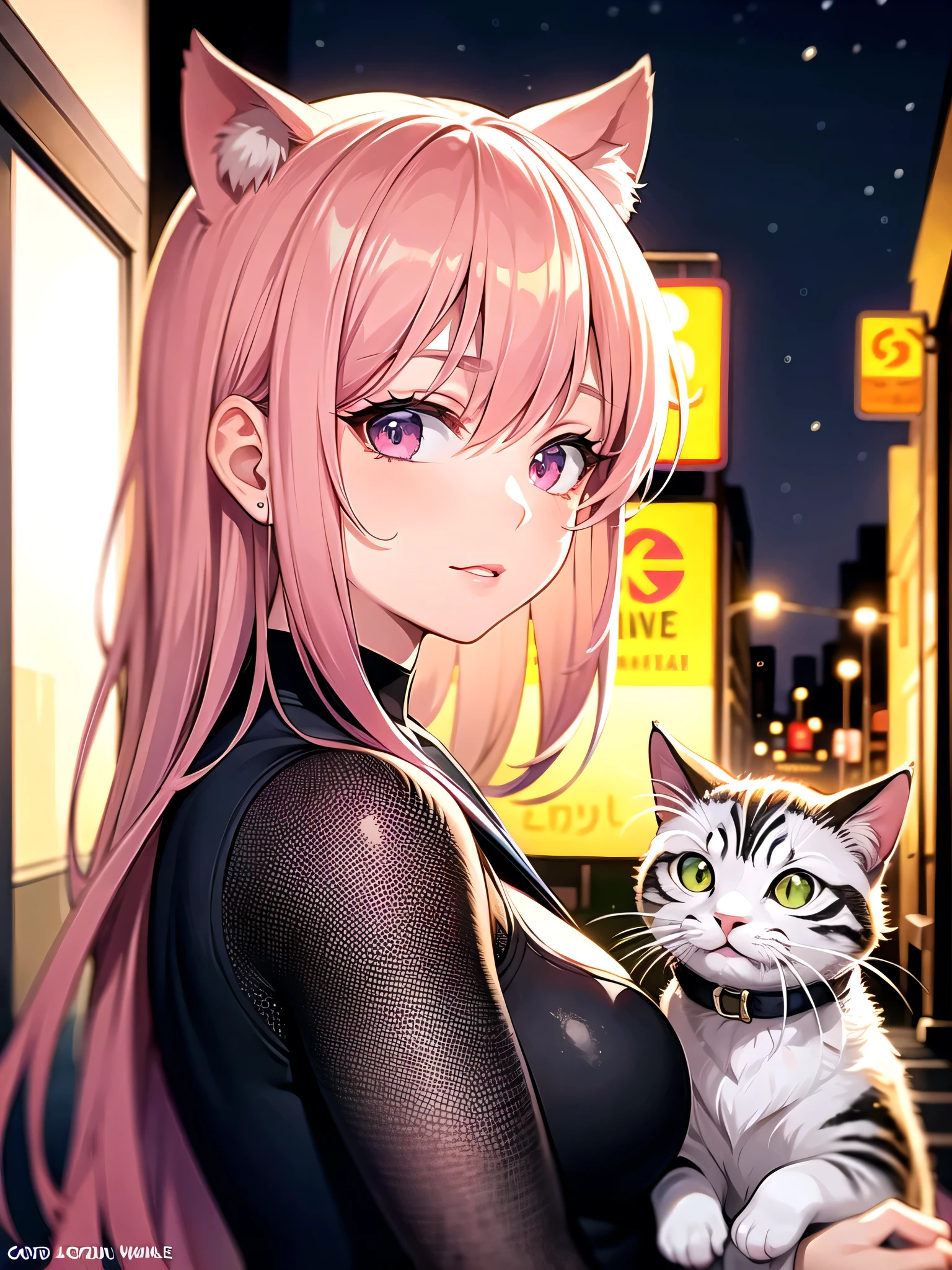 masterpiece, best quality, ultra-detailed, illustration, (1girl), beautiful detailed eyes, looking at viewer, close up, pink hair, shy, cat ears, background street, tokyo, night sky, japanese, cyberpunk
