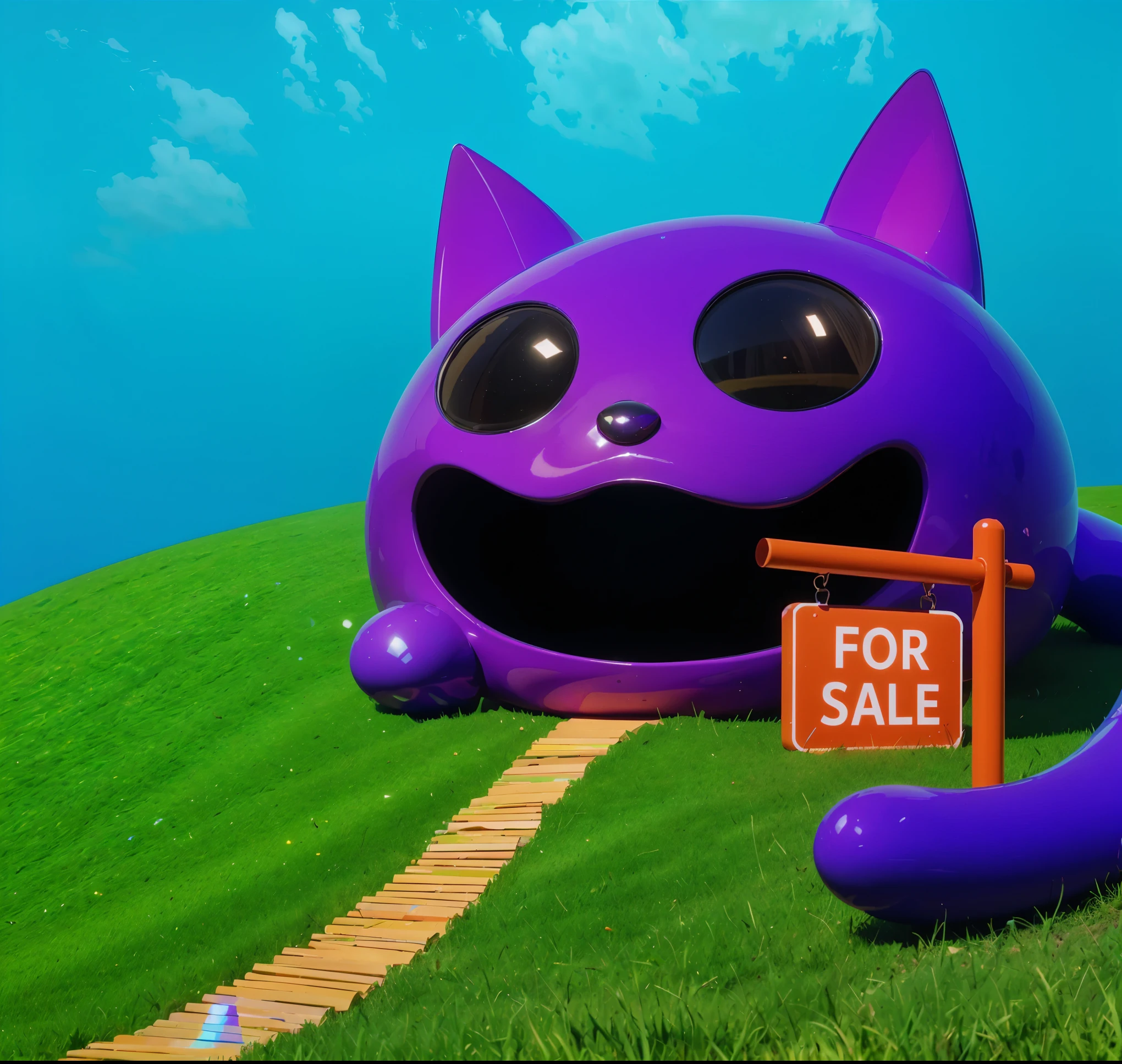 The image shows a quaint house, resembling a shiny purple cat with a wide paw., happy expression. Round house, with exaggerated feline features., including large, pointed ears, Big black eyes, and a wide open mouth, forming a comical and inviting entrance.. The structure is located on a bright green hill., there is an orange path leading to it, creating a playful and creative atmosphere. clear blue sky, enhancing the bright and cheerful scene. The overall design combines creativity and fun., make the house come alive, Animated Character. Create цветной рендеринг zbrush. perfect CG, CGI Art, created using only gradients, smooth silhouette, Create ultra-sharp skin, high intensity refraction, (Plastic material), the most beautiful visual effects, blue background, plastic refractions, GLOSSY TEXTURE, smooth 3d model, Multiple light sources, rim light, sharp rendering of post-effects, (Glossy plastic texture with many large refractions of light probes), perfect CG, CGI Art, created using only gradients, smooth silhouette, high intensity refraction, (Plastic material), the most beautiful visual effects, blue background, plastic refractions