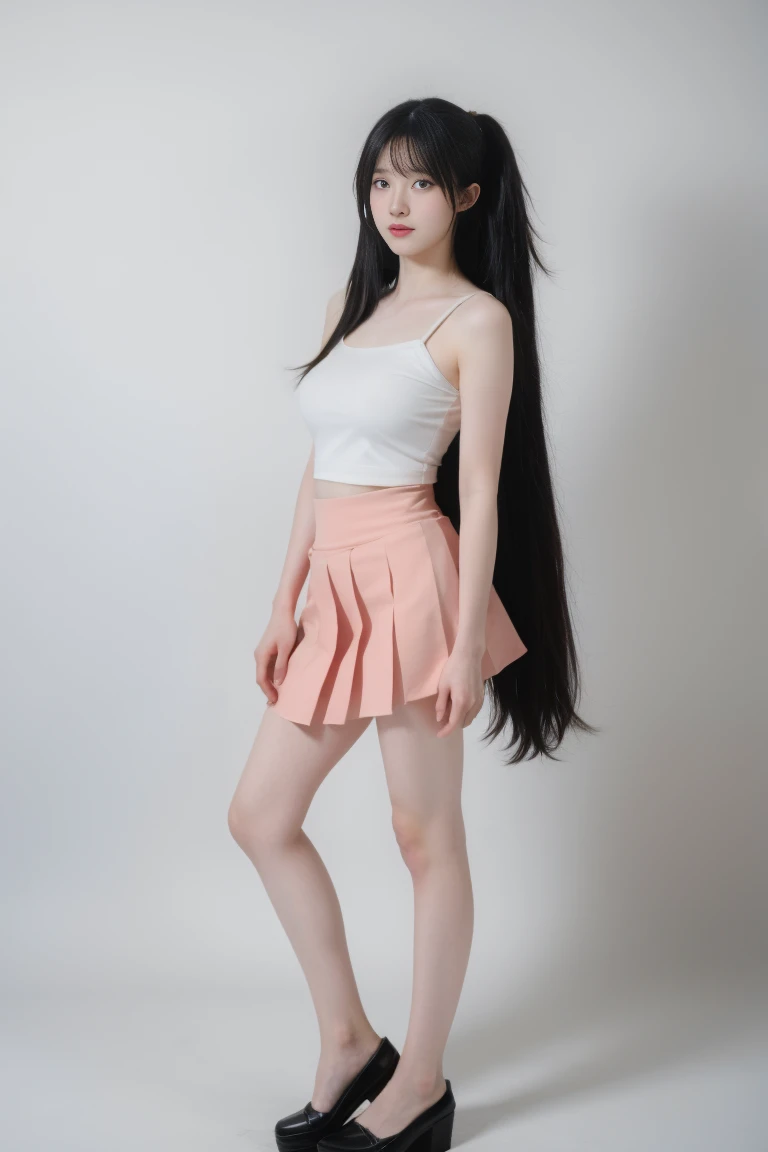 best quality, tmasterpiece,Ultra-high resolution,Clear face,(Reality:1.4),ferpect lighting,(full body shot), (photorealistic:1.50), anime wallpaper, Guviz style artwork, cover-up fantasy up to magic , by Yang J, Guviz, beautiful artwork illustration, beautiful digital artwork, beautiful digital illustration, Li Song, beautiful anime portrait, art style in Beauvot, 1girl, 独奏, long hair, twintails, black hair, Tank top, Pleated skirt, standing,