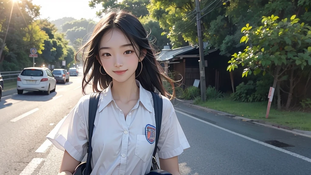 8K、RAW Photos、Highest quality、Super detailed、Super Resolution、Ultra HD、8K壁紙、Amazing details summer、evening、sunset、A rural road lined with rice fields、Paved roads、Woman walking on a country road、 school girl in uniform、Drink water、School bag、Blue sky、Shining Sun、Water bottle、smile
