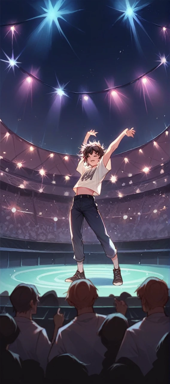 Rock musician at a concert in a stadium full of people with their arms up and lots of stage lights