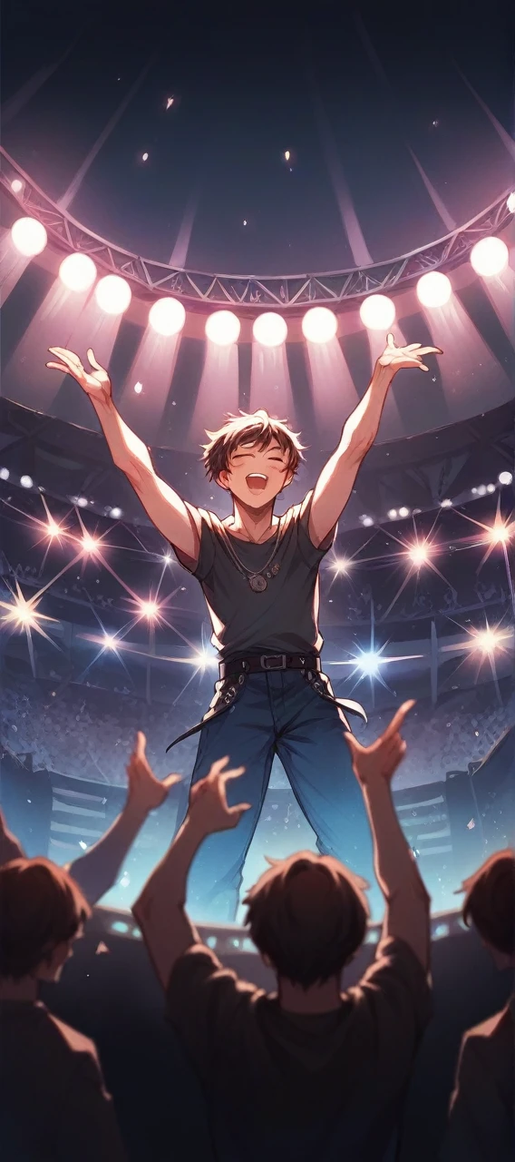 Rock musician at a concert in a stadium full of people with their arms up and lots of stage lights