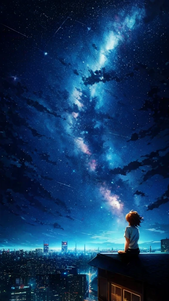 anime painting inspired by Makoto Shinkai, space art, sideways Norwegian forest cat sitting on the roof of a building looking at the sky, mysterious, fantastic, meteor shower, intricate lights, twinkling city lights,unmanned