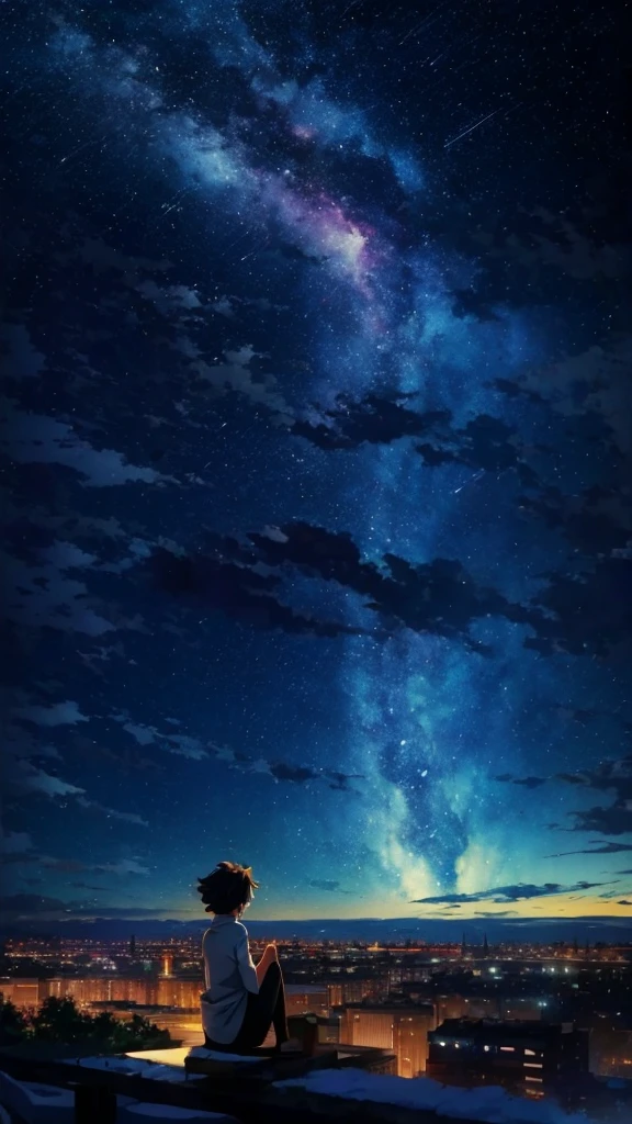 anime painting inspired by Makoto Shinkai, space art, sideways Norwegian forest cat sitting on the roof of a building looking at the sky, mysterious, fantastic, meteor shower, intricate lights, twinkling city lights,unmanned