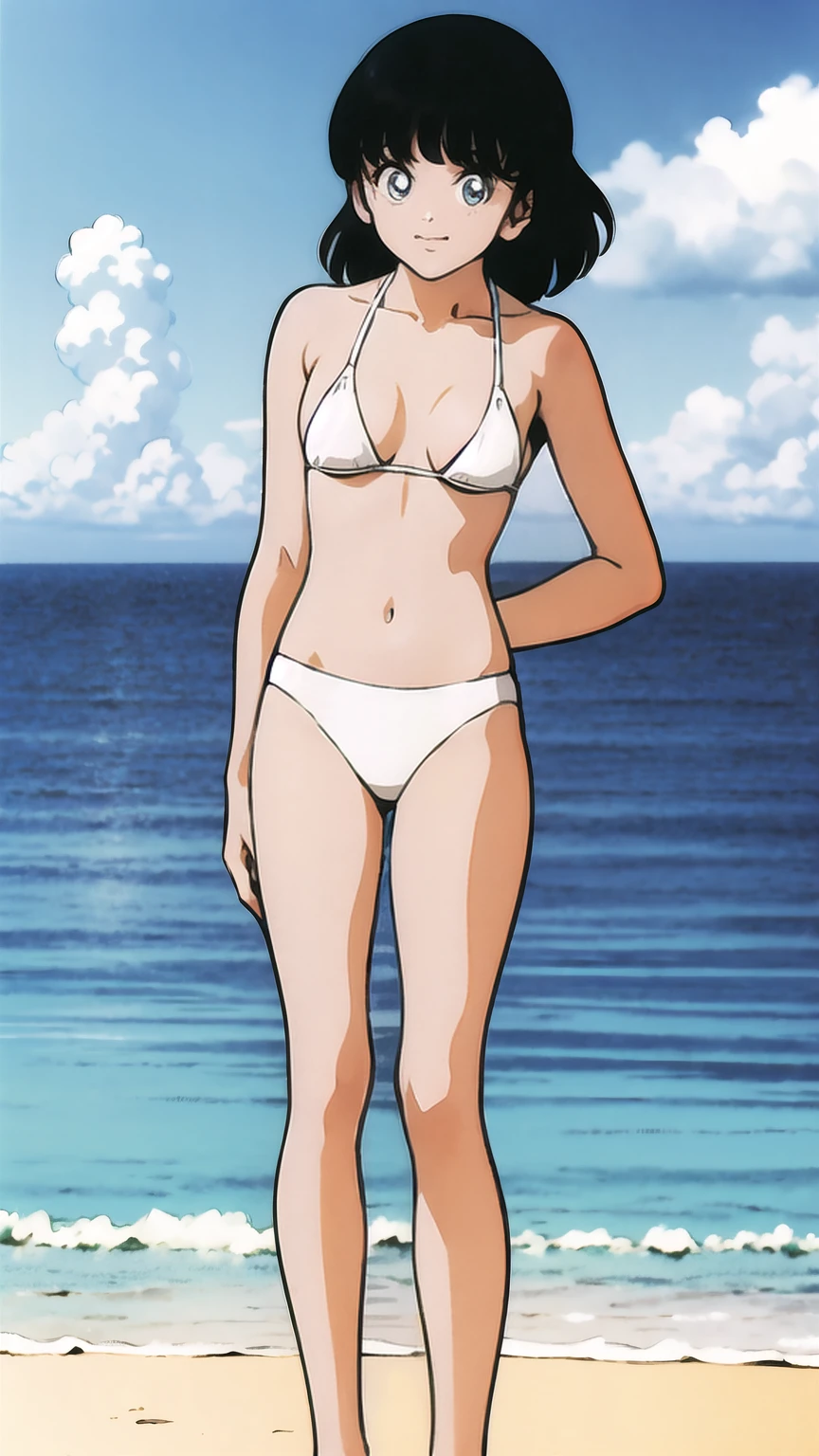 (((character:asakura minami:1.3))),((masterpiece)),((highest quality)),Super detailed,(thin entire outline),enlightenment,explicit,entp,1girl,solo,black hair,medium hair,black eyes,small nose,perfect body,beautiful body,beautiful character design,perfect eyes,perfect face,((happy smile)),small open mouth,(enjoy,having fun:1.2),perspiration,wallpaper,ultra high resolution,8k,photo shoot,(beautiful large breast:1.2),beautiful legs,perfect feet,beautiful skin,fair skin,smooth skin,official style,official art,make a screen cap,outdoor,(summer beach),sunshine,bright lighting,(white micro bikinis),split legs,peace sign,