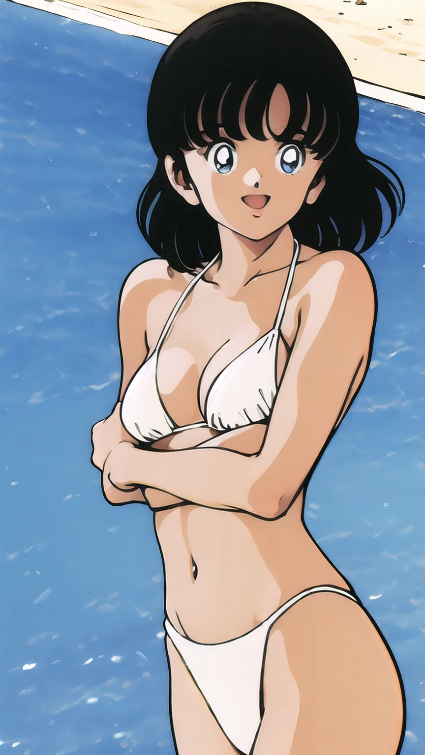 (((character:asakura minami:1.3))),((masterpiece)),((highest quality)),Super detailed,(thin entire outline),enlightenment,explicit,entp,1girl,solo,black hair,medium hair,black eyes,small nose,perfect body,beautiful body,beautiful character design,perfect eyes,perfect face,((happy smile)),small open mouth,(enjoy,having fun:1.2),perspiration,wallpaper,ultra high resolution,8k,photo shoot,(beautiful large breast:1.2),beautiful legs,perfect feet,beautiful skin,fair skin,smooth skin,official style,official art,make a screen cap,outdoor,(summer beach),sunshine,bright lighting,(white micro bikinis),split legs,peace sign,