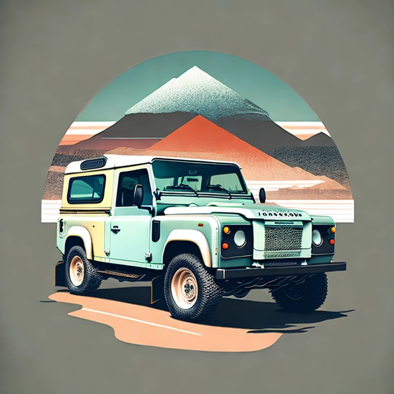 T-shirt graphic design artwork, retro graphic design,land rover 2023 new defender D250 110車, Miami Street, Soft four-color colors, Vintage pastel tones, Very detailed and clean, Vector Image, Realistic masterpiece, Professional photography, realistic cars, Simple car sunrise background, Flat black background, Isometric, Vibrant Vector