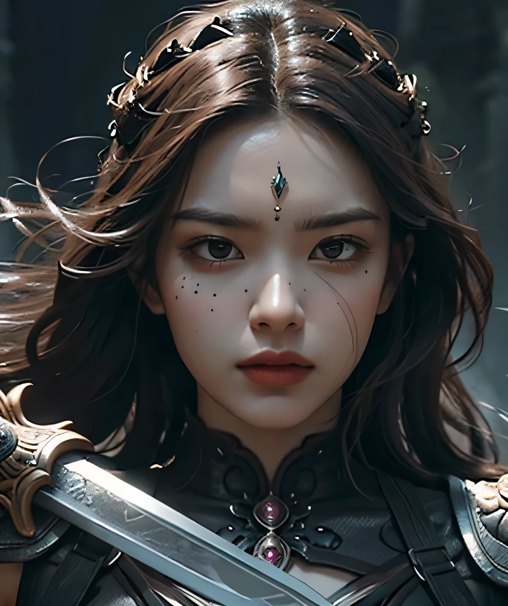 Majestic Female Warrior in a Stirring Battle Scene
(Hyper-detailed Face: 1.5) with a gaze as piercing as the edge of her sword, adorned in an Intricate Armor (1.8) adorned with gems, shimmering under Moody Lighting (1.9). She wields a Large Sword (1.4) with an Intense Battle Scene (1.7) raging around her, her Dynamic Action Pose (1.8) a testament to her strength and skill. Set in a Dark Fantasy (1.3) world, the Cinematic Composition (1.5