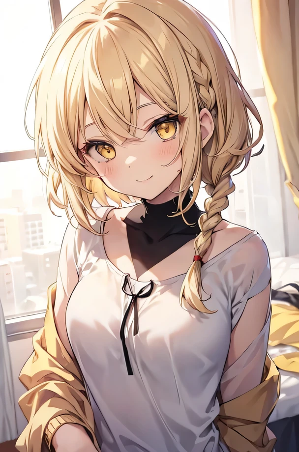 girl, cute anime girl, smiling, beige hair, short hair, hair in a braid on the side, messy hair, yellow eyes moe style anime
