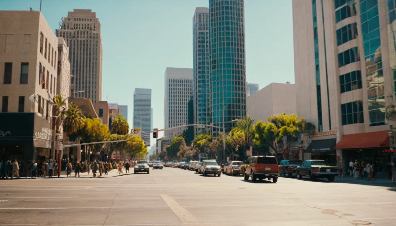 Cinematic traversal camera movement, people walking in a pedestrian street in Los Angeles, California in 3060 at morning time, in the heart of the The dysoptian futuristic megacity there are street vendors a different people walking in futuristic clothes. Different buildings cover the side of the street, the natural light of the sun illuminates at daytime. Bustling city of Los Angeles with many skyscrapers in the background, Natural lights, neutral colors, lomochrome, vintage color tones, dramatic, dynamic composition.Lifelike textures, sharp focus, depth of field, cinematic lighting, Contrast lighting, volumetric lighting, best shadows,sharp focus, depth pf field, photorealism, Realism, Cinematic, Photoreal, 35mm film Screengrab a Super Panavision 70 film, in color. best quality , hdr, uhd, 8k, 35 mm film, analog camera shot.